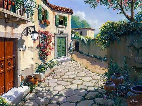 480x360 Italian Village Original Oil On Board Italian Oil Painting - Italian Village Painting