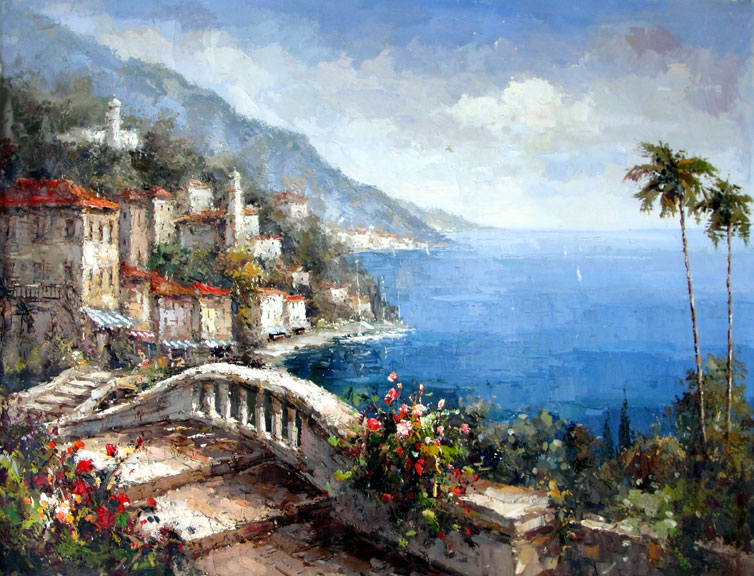 754x576 Italian Village On The Lake - Italian Village Painting