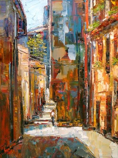 403x537 Landscape Artists International Abstract Cityscape Palette Knife - Italian Village Painting