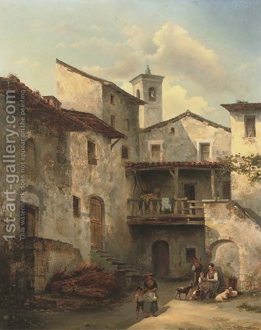 512x648 A Courtyard In An Italian Village Felice A. Rezia Reproduction - Italian Village Painting
