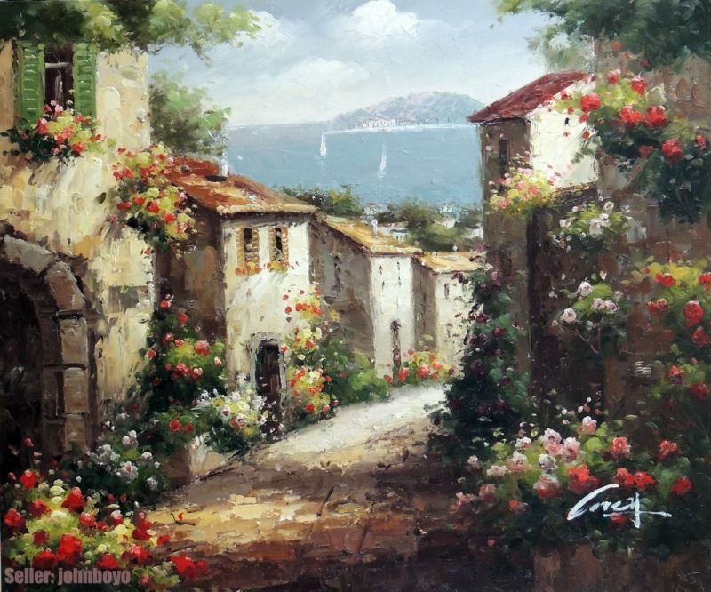 800x666 Painting Italian Village Street Town Flowers Ocean Sea Stretched - Italian Village Painting