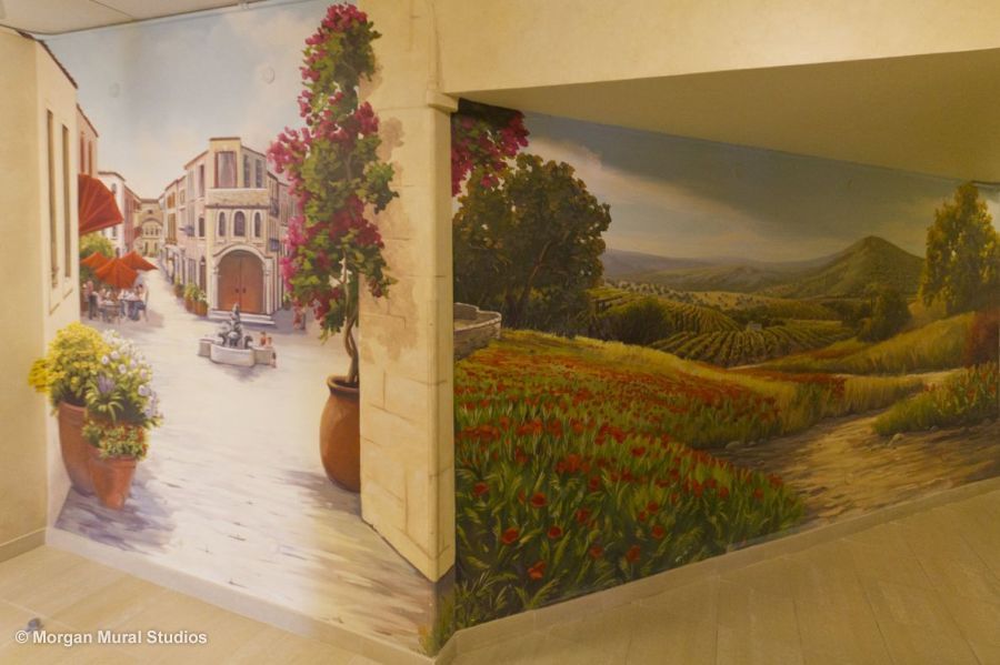 900x599 Italian Piazza Trompe L'Oeil Mural With Tuscan Landscape - Italian Wall Painting