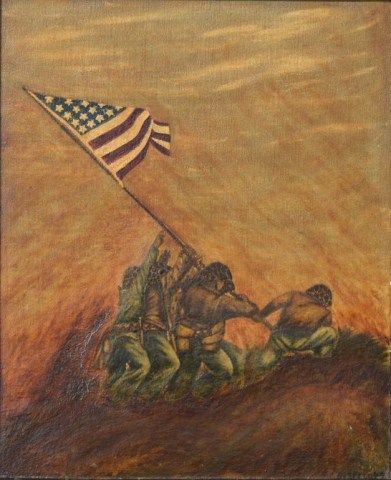 391x480 Old Painting On Board Of Flag Raising On Iwo Jima Signed Al - Iwo Jima Flag Raising Painting