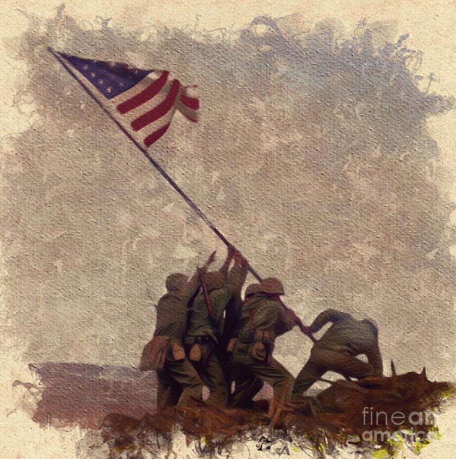 894x900 Raising The Flag At Iwo Jima Painting By Mary Bassett - Iwo Jima Flag Raising Painting