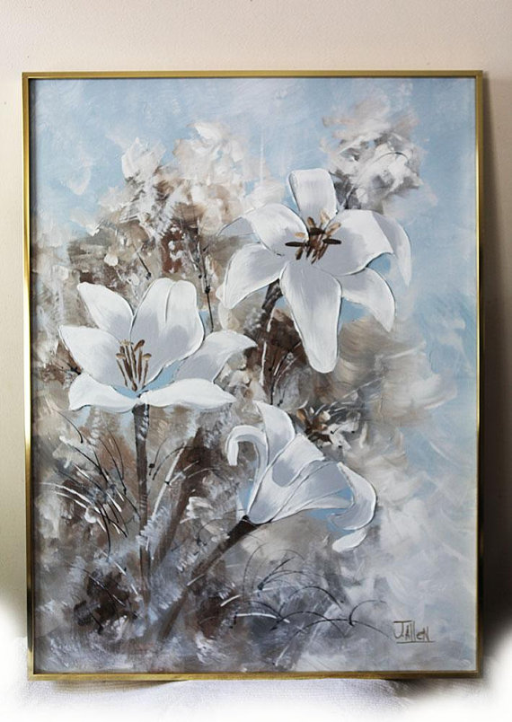 570x804 J. Allen Signed Original Oil Painting White Lilies Flowers - J Allen Oil Painting