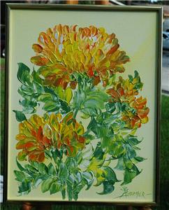 242x300 Mid Century Original Impasto Oil On Canvas With Chrysanthemums J - J Allen Oil Painting