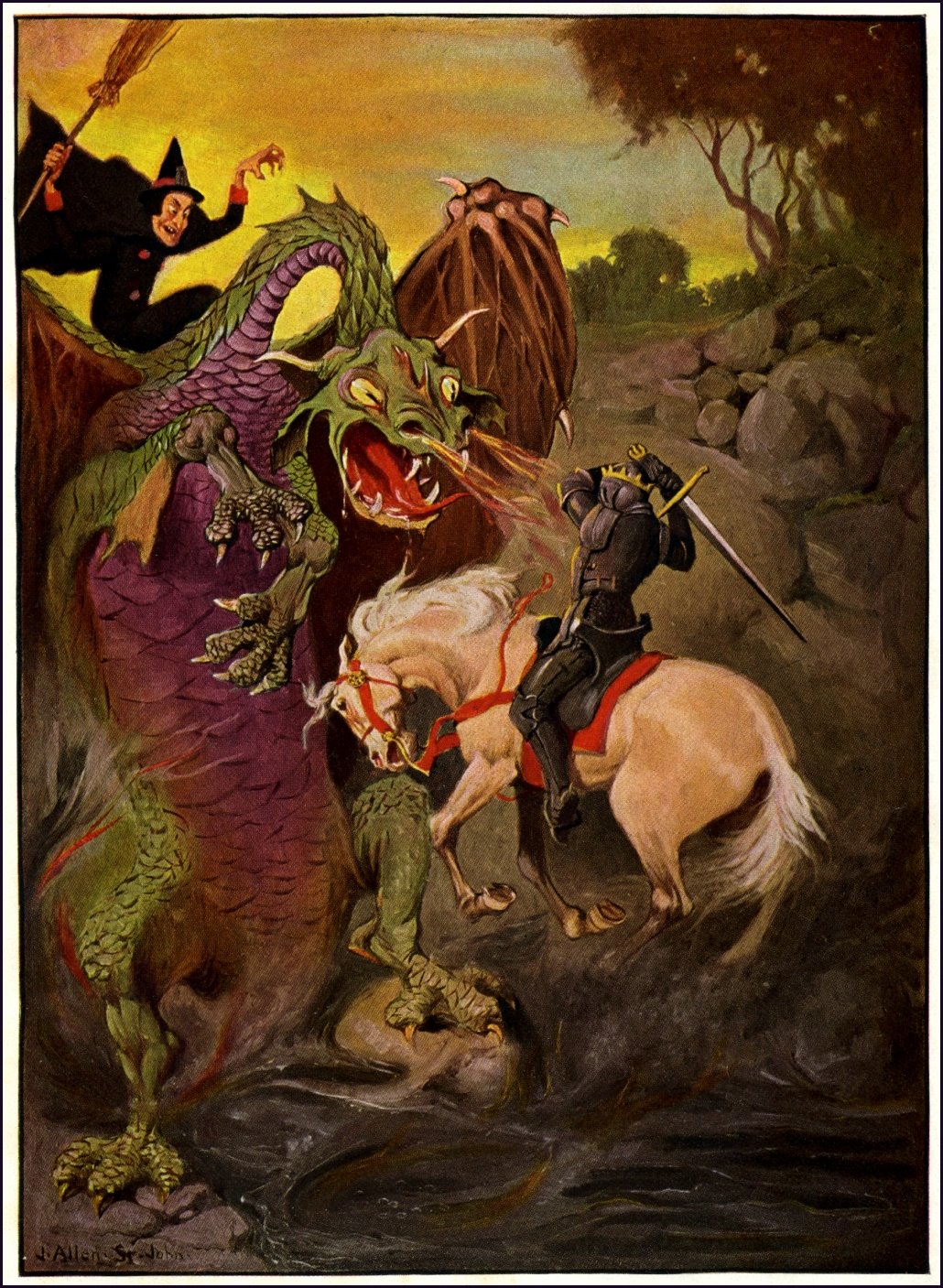 1030x1407 Cool Painting Of A Knight Fighting A Dragon By J. Allen St. John - J Allen Painting
