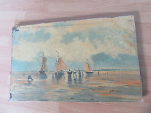 300x225 Oil Painting On Wood 1900 Signed J. Thomas Boat Marine Sailboats - J Thomas Painting