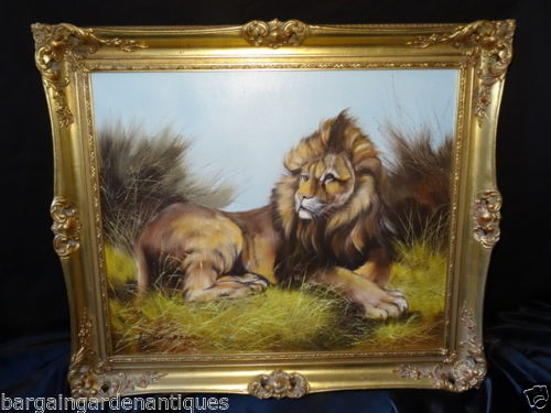 500x375 Magnificent Pair Glitzy Oil Paintings Lions African Landscapes - J Thompson Oil Painting
