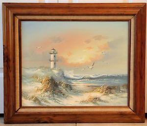 300x257 Vintage Oil Painting Listed Artist J. Judy Thompson Lighthouse - J Thompson Oil Painting