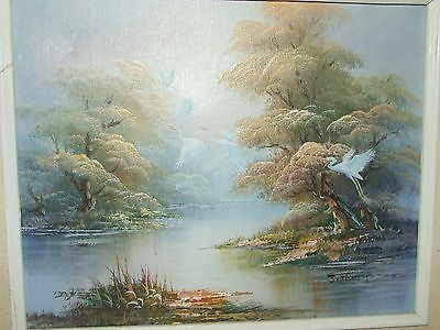 400x300 Vintage Small Framed Swans Oil Painting On Canvas By Listed Artist - J Thompson Oil Painting