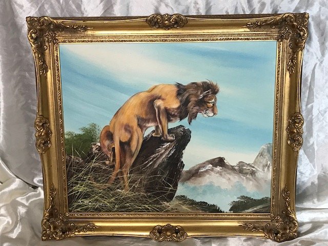 640x480 Fine Art Original Oil Painting Framed Lion African Landscape - J Thompson Oil Painting