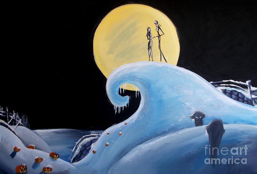 900x609 Jack And Sally Snowy Hill Painting By Marisela Mungia - Jack And Sally Painting