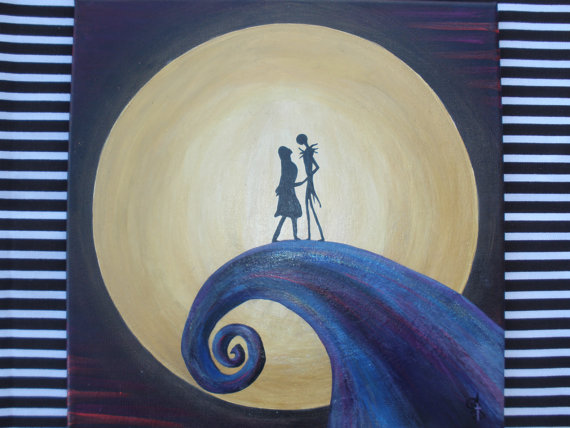 570x428 Nightmare Before Christmas Painting Jack And Sally On Hill - Jack Skellington And Sally Painting