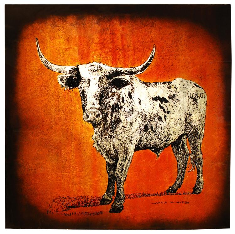 750x747 Rare Longhorn Texas Bull Painting By Jack White, Circa 1975 - Jack White Painting