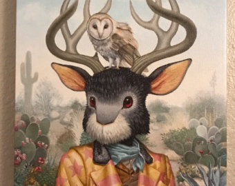 340x270 Mixed Media Unique Original Acrylic Painting Canvas - Jackalope Painting