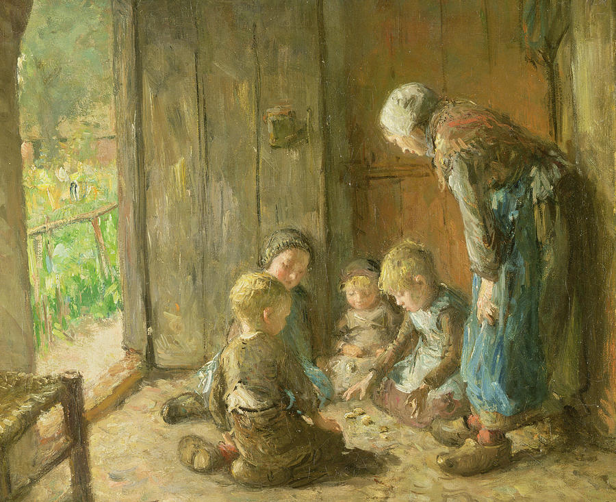 900x733 Playing Jacks On The Doorstep Painting By Bernardus Johannes Blommers - Jacks Painting