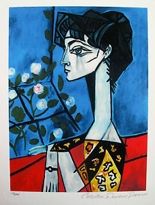 227x300 Pablo Picasso Jacqueline Roque With Flowers Estate Signed Numbered - Jacqueline With Flowers Painting
