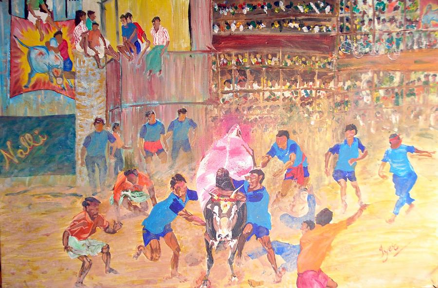 900x593 Jallikattu The Bull Fight Painting By Narayan Iyer - Jallikattu Painting