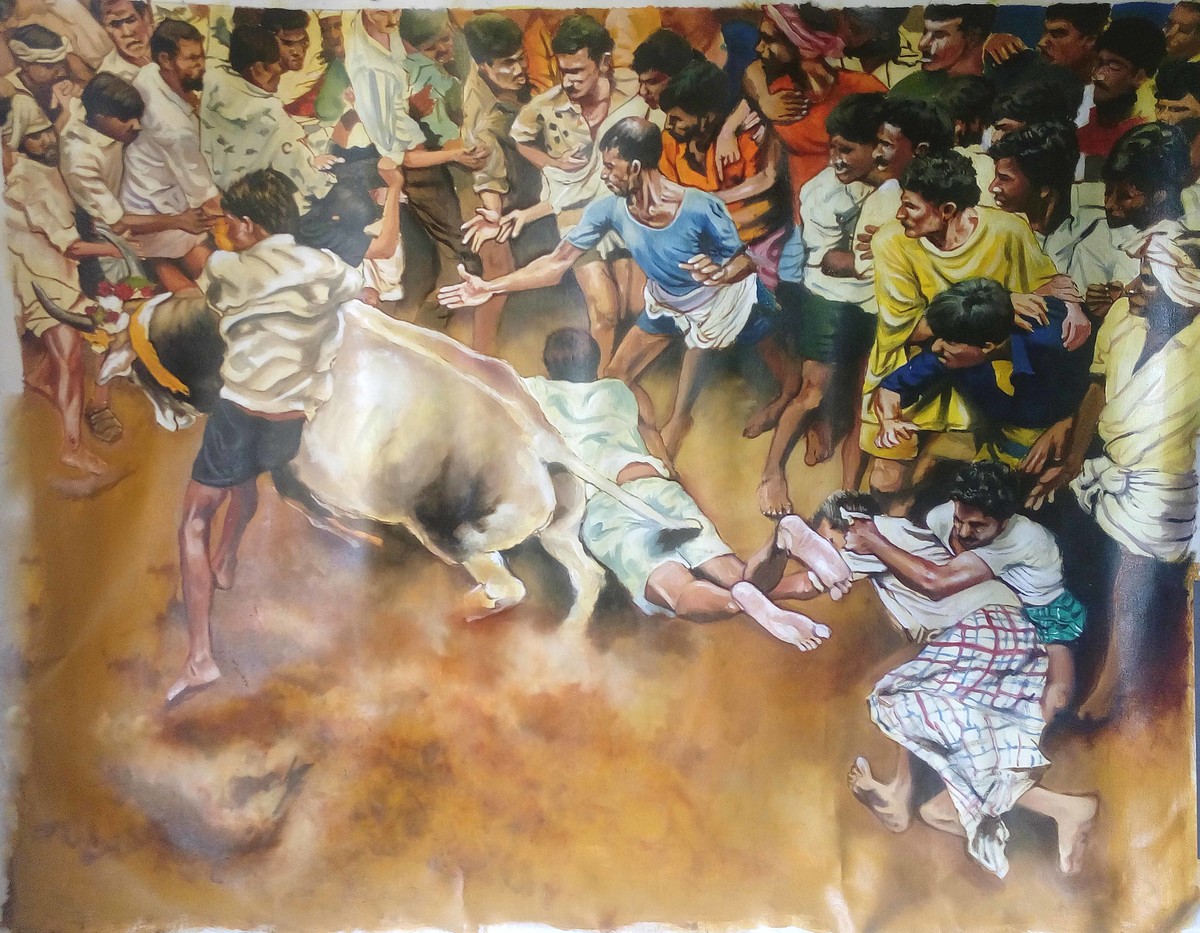 1200x933 Jallikattu By Artist Sreenivasa Ram Makineedi Realism, Painting - Jallikattu Painting