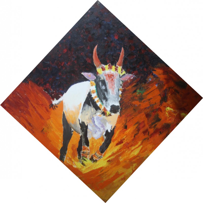 800x799 Jallikattu By Artist Vignesh Kumar Animals Art Acrylic Paintings - Jallikattu Painting
