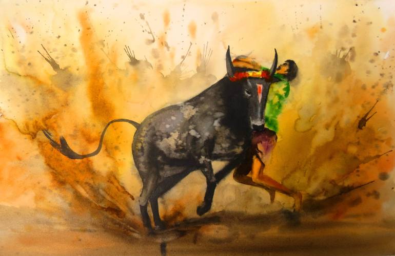 770x500 Saatchi Art Jallikattu Painting By Shyam Kumar - Jallikattu Painting