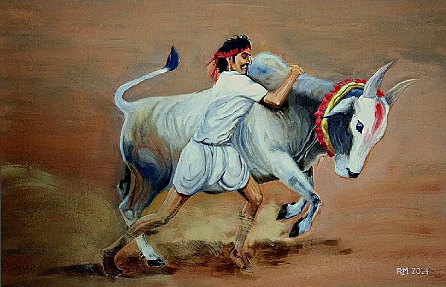 900x580 Bull Fighting Or Jallikattu In Tamilnadu Painting By Ramesh Mahalingam - Jallikattu Painting