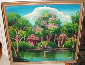 300x229 King Pinto Original Oil On Canvas Jamaican Village Landscape - Jamaican Painting