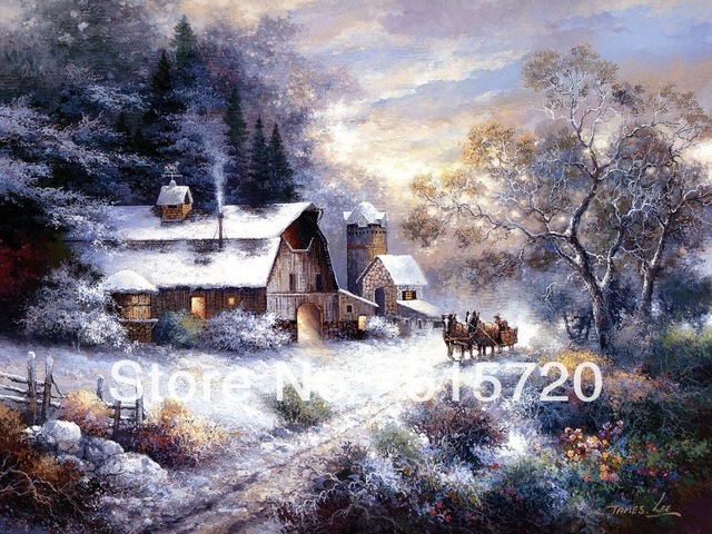640x480 James Lee Original Landscape Oil Painting ( Snowy Evening Outing - James Lee Oil Painting