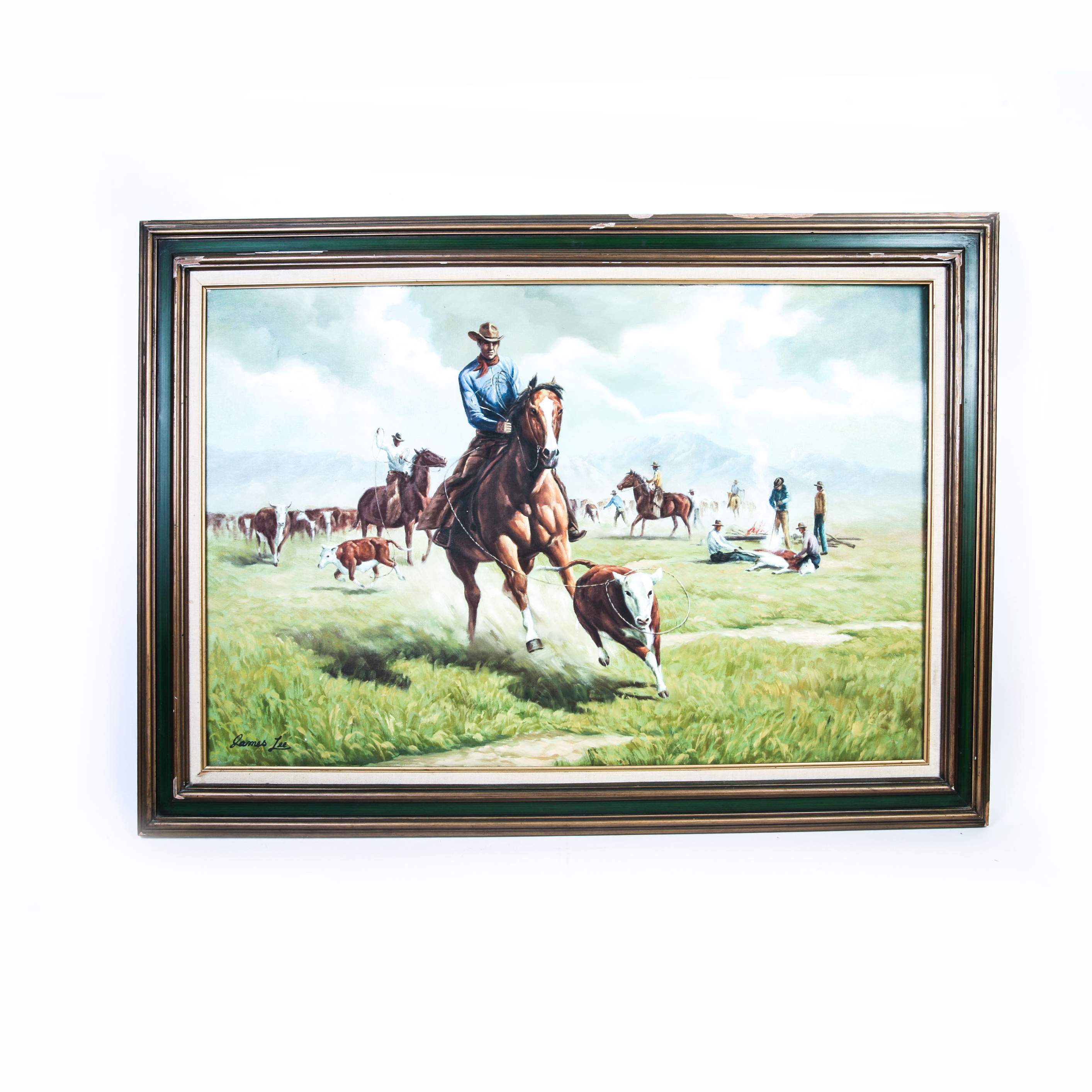 2827x2827 James Lee Signed Original Painting Of Cowboys Wrangling Calves Ebth - James Lee Original Painting