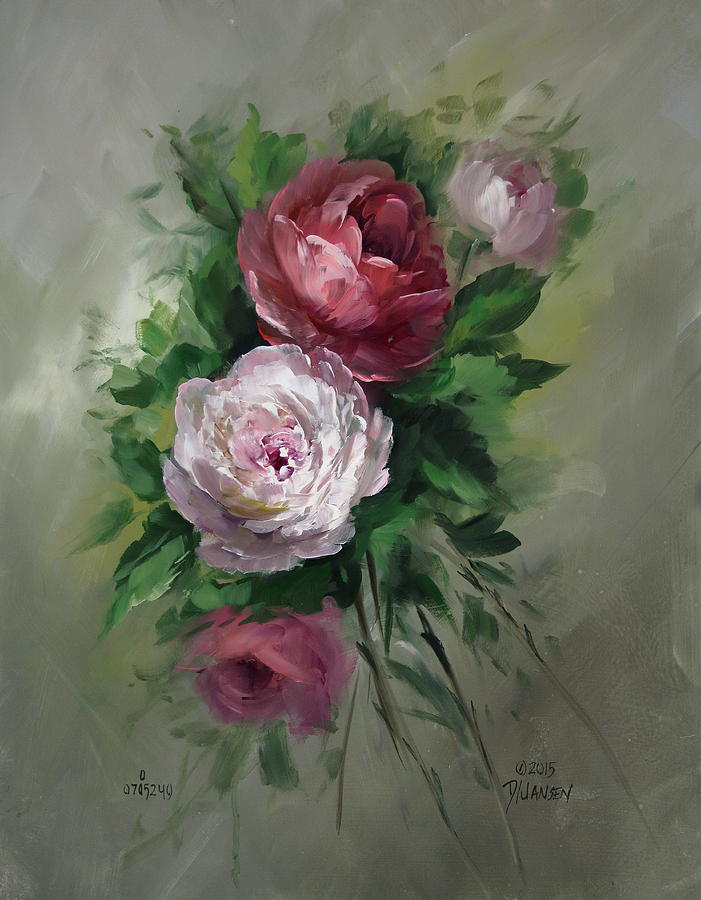 701x900 Red And White Roses Painting By David Jansen - Jansen Painting