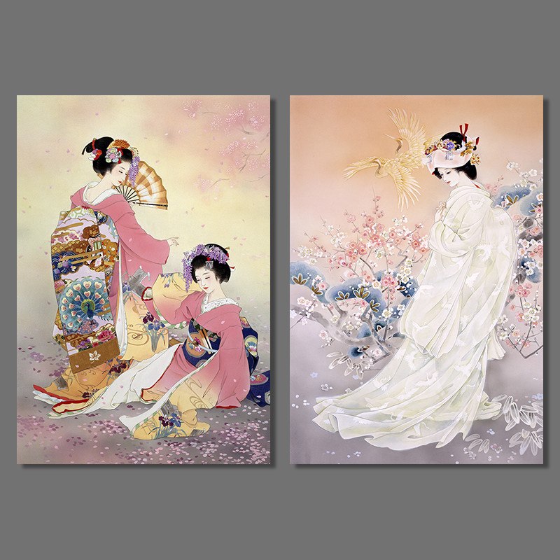 800x800 Japan Style Pictures Decoration Plum Flower Pink Kimono Lady - Japanese Acrylic Painting