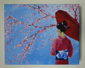 340x270 Japanese Kimono Woman Painting Cherry Blossom Tree Sakura - Japanese Acrylic Painting