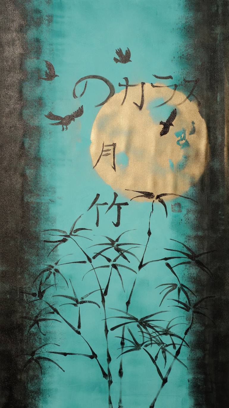 770x1369 Saatchi Art Moon Bamboo Birds Japanese Night Acrylic Painting - Japanese Acrylic Painting