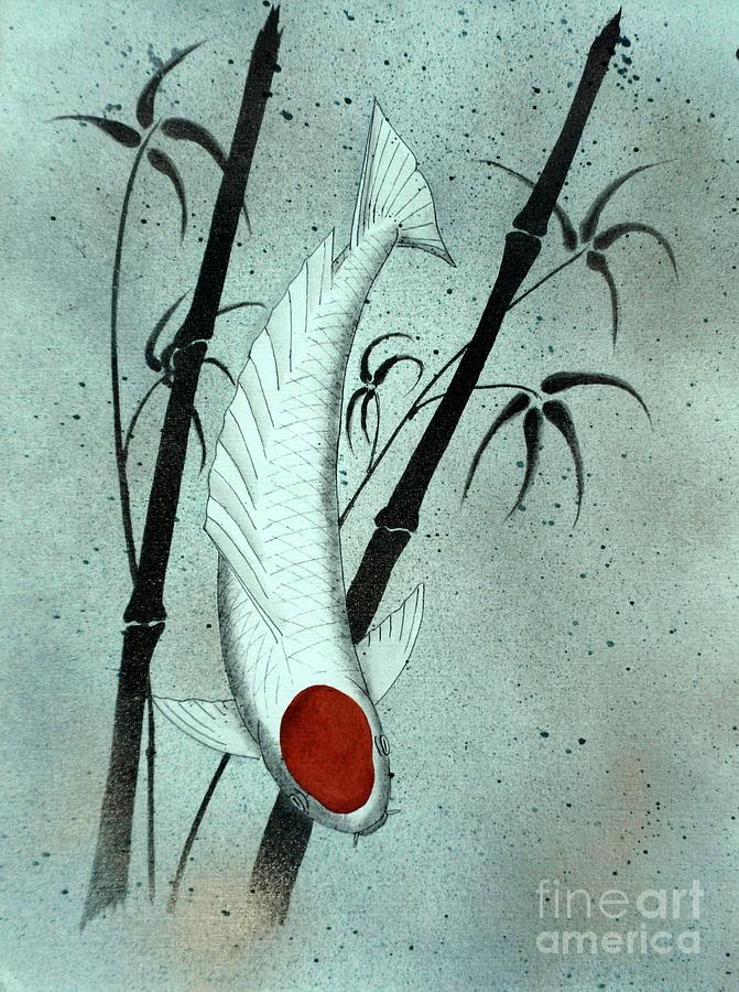 671x900 Koi Tancho And Bamboo Painting By Gordon Lavender - Japanese Bamboo Painting