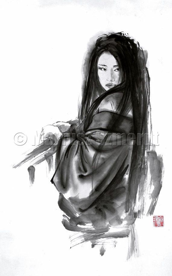 570x912 Geisha Japanese Woman Portrait Asian Art Wall Decor Poster - Japanese Black And White Painting