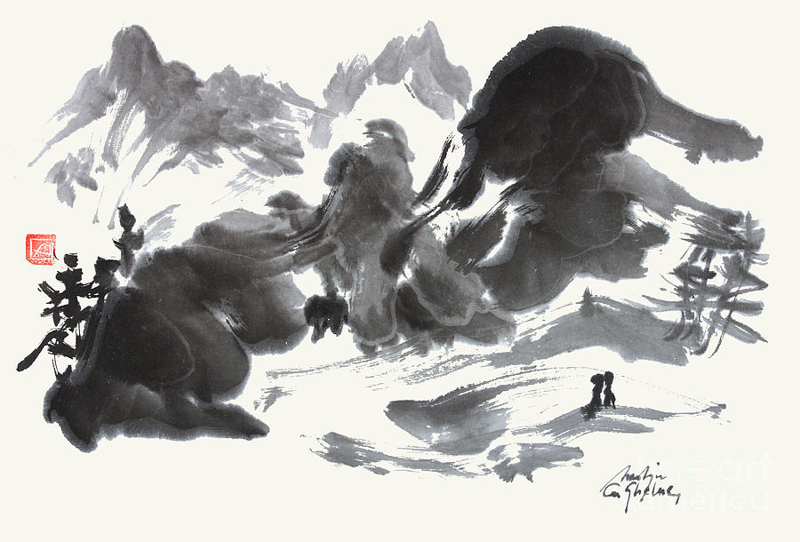 900x610 Japanese Landscape In Zen Style Painting By Nadja Van Ghelue - Japanese Black And White Painting