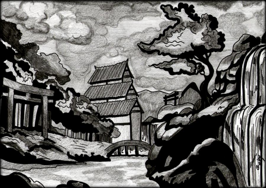 900x638 Japanese Landscape Painting By Saki Art - Japanese Black And White Painting