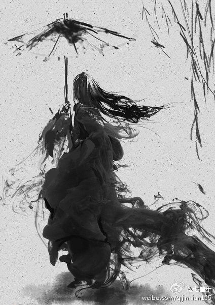 424x600 Japanese Style Art Geisha With Umbrella Smokypixels Online - Japanese Black And White Painting