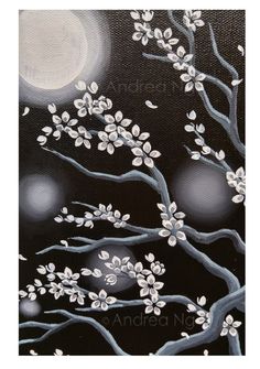 236x335 Black And White Cherry Blossom Moon Painting Original Art, Dark - Japanese Black And White Painting