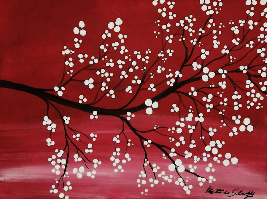 900x672 Red Japanese Cherry Blossom Painting By Katie Slaby - Japanese Blossom Painting