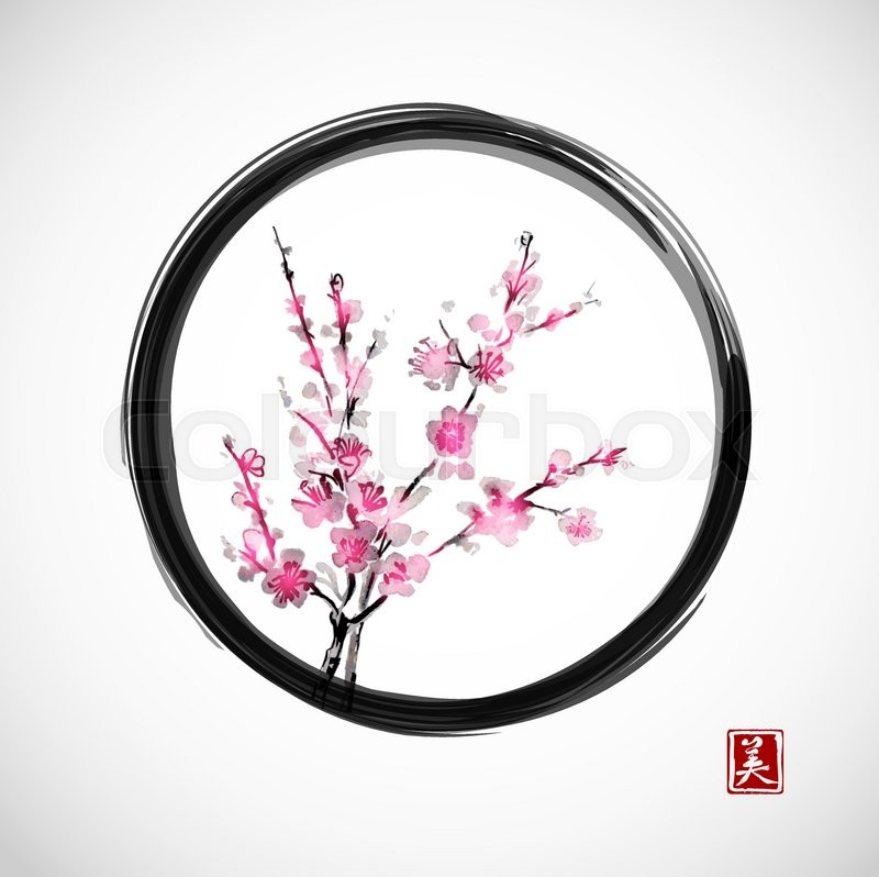 800x798 Oriental Cherry Branch In Blossom In Black Enso Zen Circle. Sakura - Japanese Blossom Tree Painting