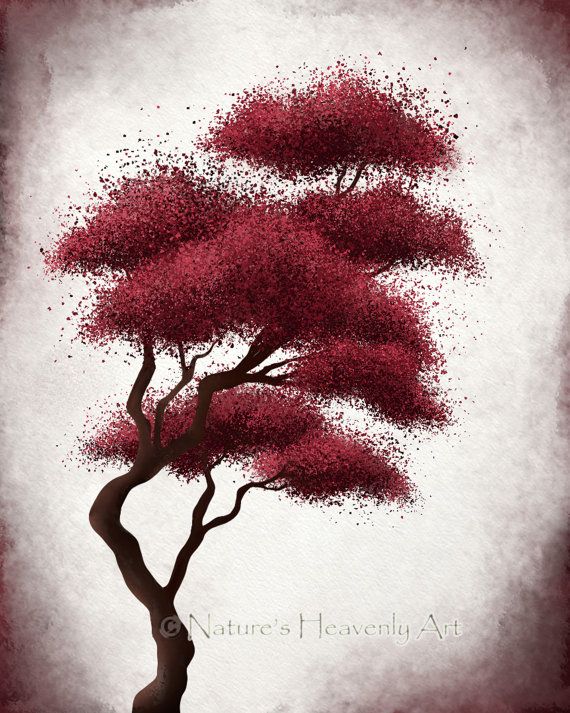 570x713 Bonsai Tree Art, Dark Red Wall Decor, 8 X 10 Wall Art Print - Japanese Bonsai Tree Painting
