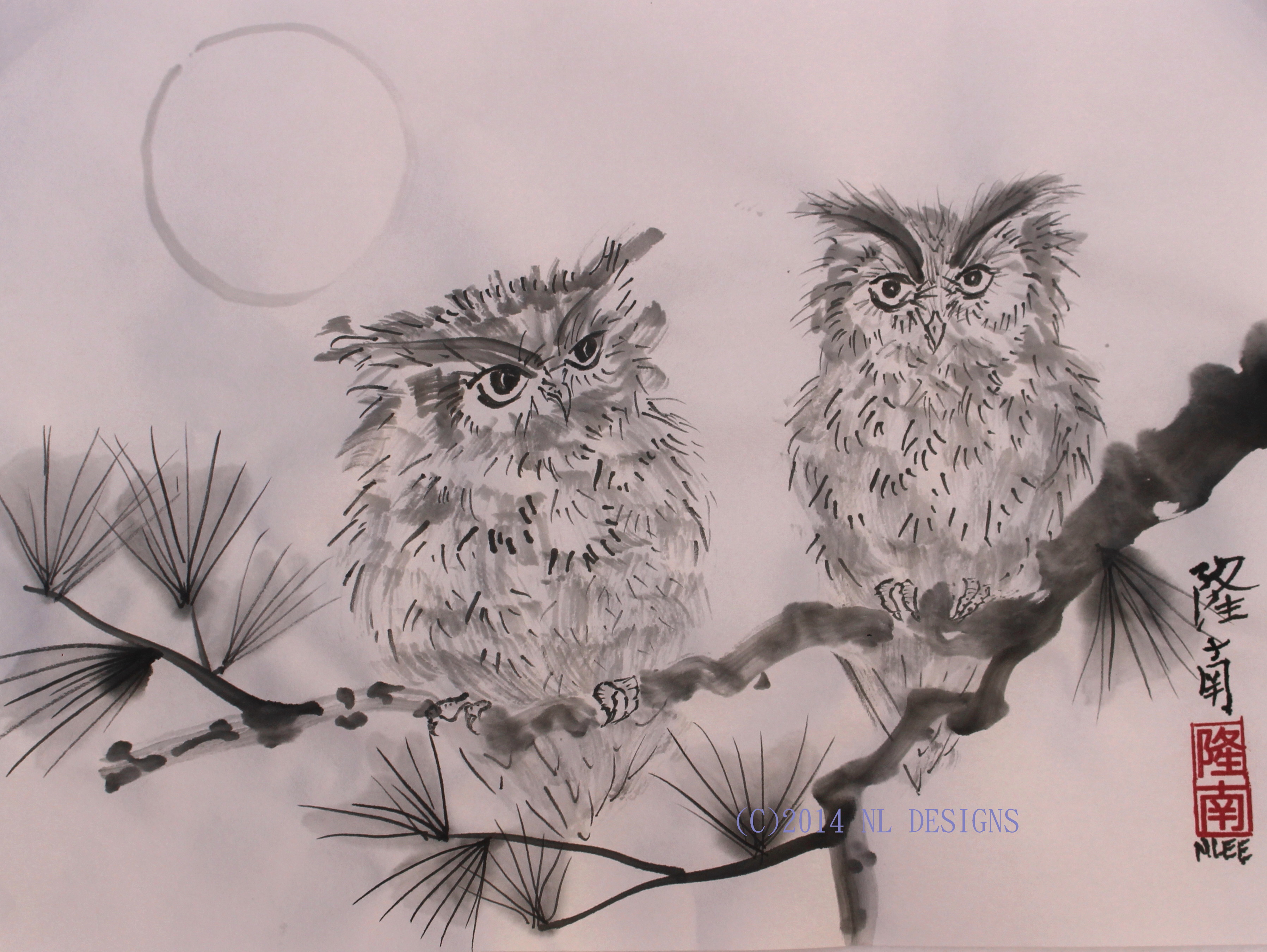 3595x2702 Owls Under The Moon Japanese Brush Painting Nldesignsbythesea - Japanese Brush Painting
