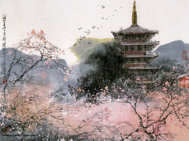 640x480 Chines Modern Pavilion Japanese Pavilion And Cherry Blossom - Japanese Brush Painting
