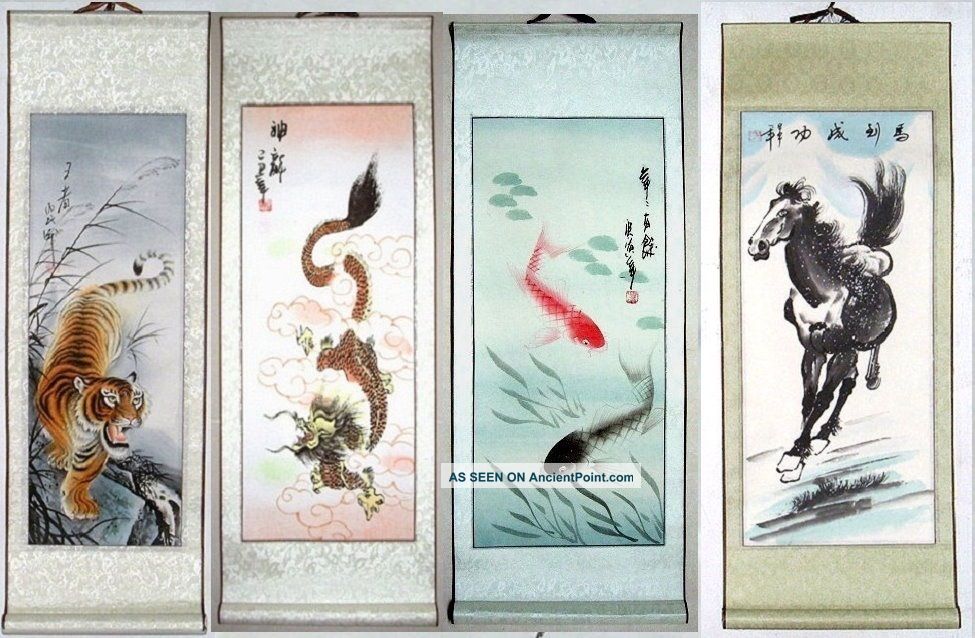 975x638 4 Japanese Calligraphy Painting Scroll Tiger, Dragon, Fish - Japanese Calligraphy Painting