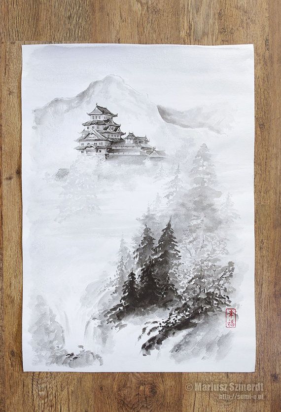 570x835 Japanese Castle Painting, Original Japanese Ink Artwork, Landscape - Japanese Castle Painting