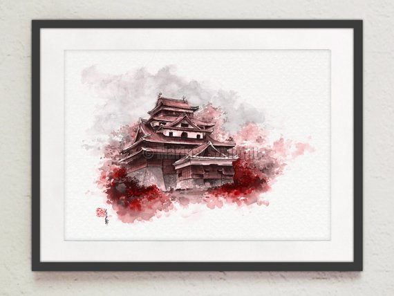 570x428 Watercolor Fine Art Japanese Castle Painting Black Brown Red - Japanese Castle Painting