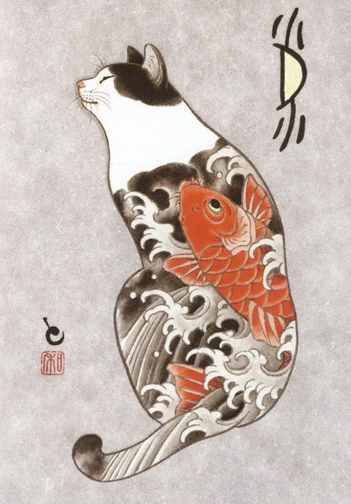 700x1003 Cats Tattooing Each Other In Surreal Japanese Ink Wash Paintings - Japanese Cat Painting