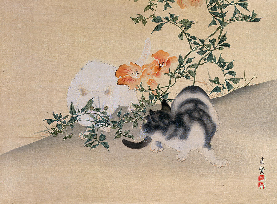 900x662 Two Cats Painting By Japanese School - Japanese Cat Painting